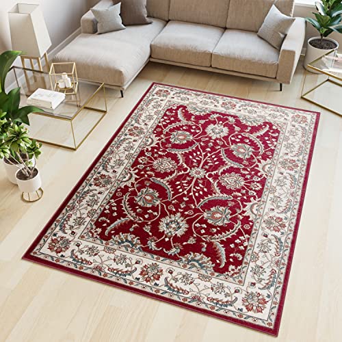 TAPISO Dubai Tapis Poil Court Traditionnel Rouge Bleu Crème Motif Ornamental Floral Bordure Tapis Salon Chambre Salle à Manger Bureau Oeko-TEX Résistant 250...