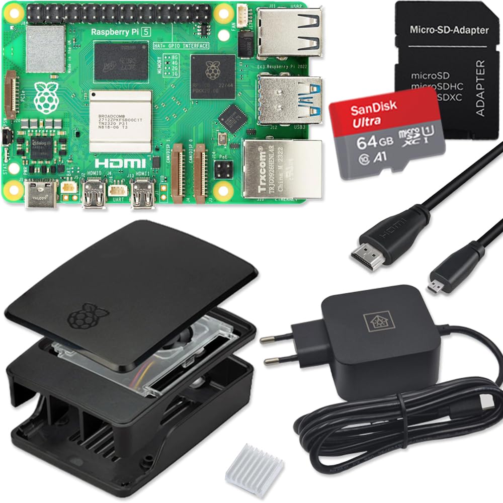 Raspberry Pi 5 Kit de démarrage 4 Go / bloc d'alimentation USB-C 27 W / boîtier avec ventilateur / carte SD 64 Go / câble micro HDMI / noir