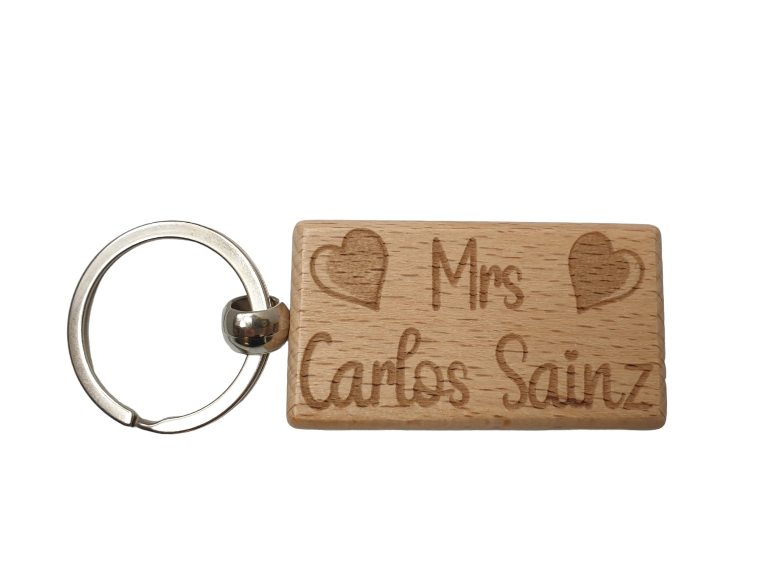 Decalarama Brown Mrs Carlos Sainz Keyring Gift - Engraved Wooden Formula One F1 Team Driver Fan Fun Cute Novelty Present