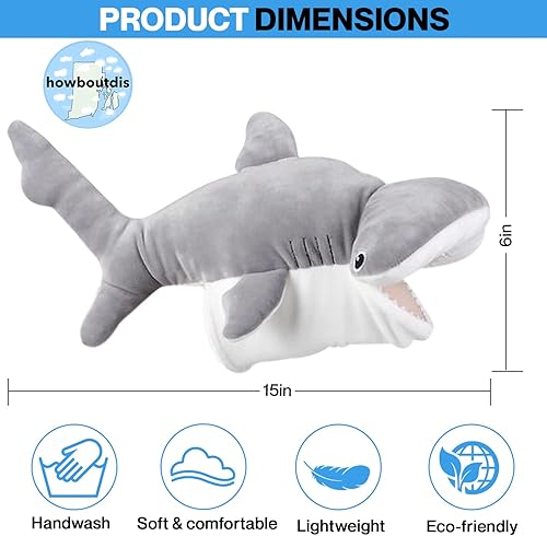 Marioneta de tiburón con cabeza de martillo de 15 pulgadas para niños ultra suave peluche de tiburón Ideal para jugar imaginativamente Perfecto