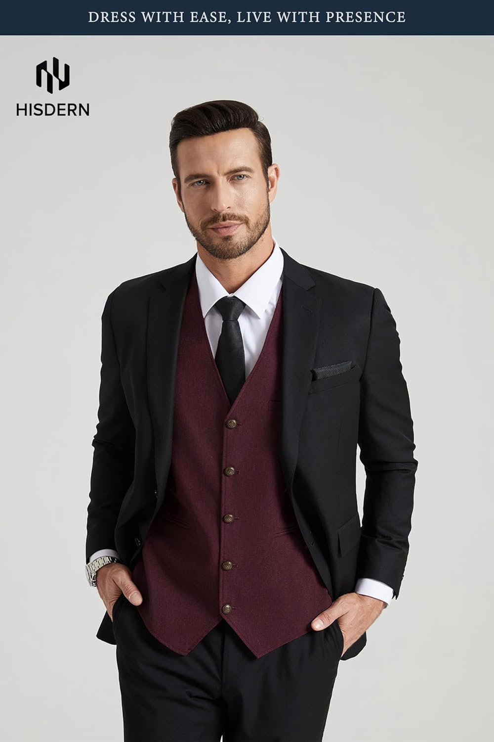 HISDERN 315 Men's Suit Vest Vintage Tuxedo Vests for Men Business Formal Dress Suit Prom Waistcoat with 3 Pocket - Image 3