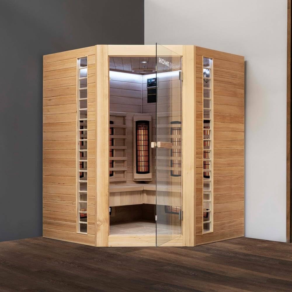 Home Deluxe – Cabine infrarouge – REDSUN XXL DELUXE -150 x 150 x 190 cm - pour 4 personnes, 7 radiateurs à spectre complet – Bois : pruche I Sauna infrarouge, sauna, cabine chauffante, infrarouge