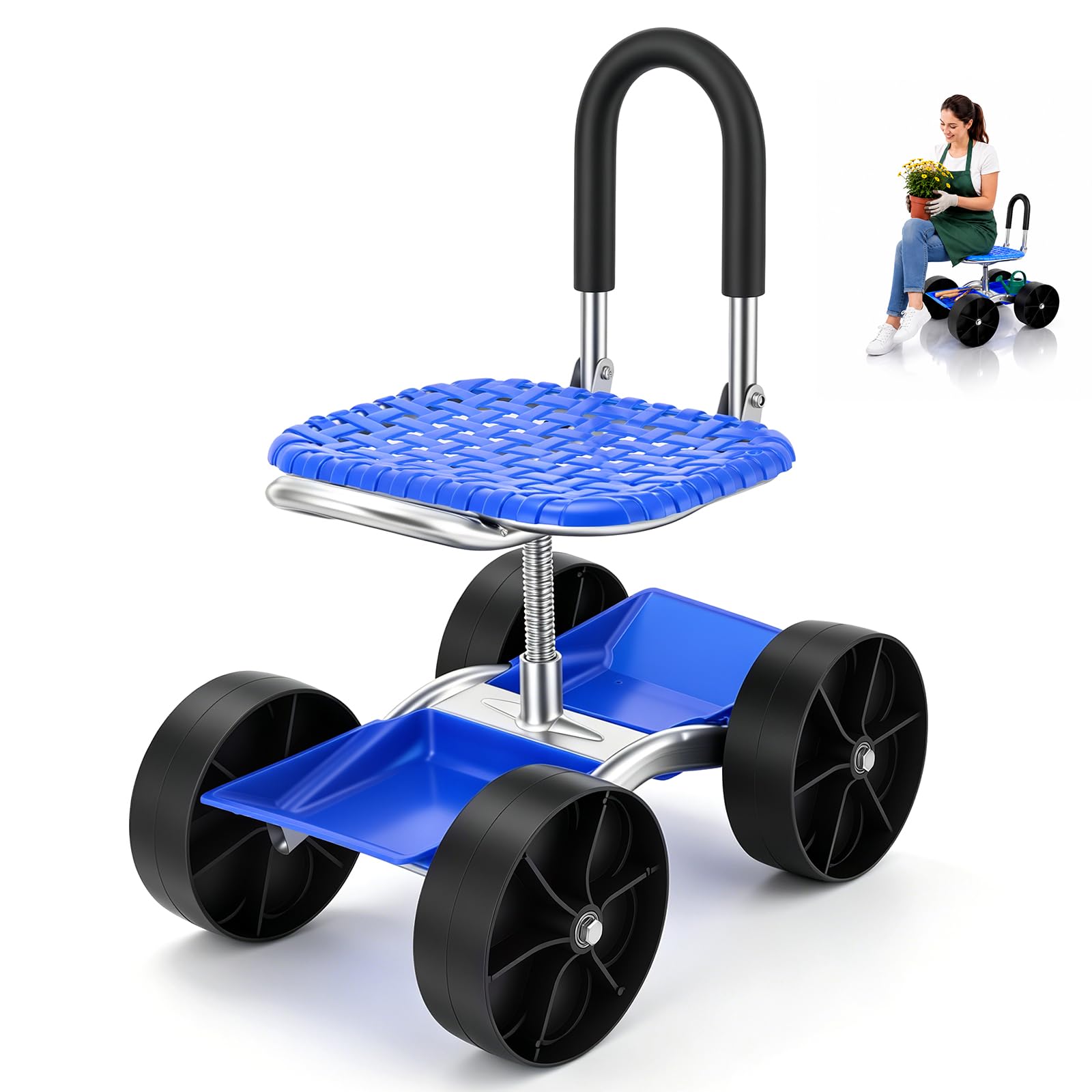 Sgabello Giardino, Carrello Giardino con Ruote Sedile Mobile Panca Lavori in Ginocchio Carrello Girevole a 360° Altezza Regolabile Sgabello Mobile con Maniglia e Vano Portaoggetti Portata fino a 150kg