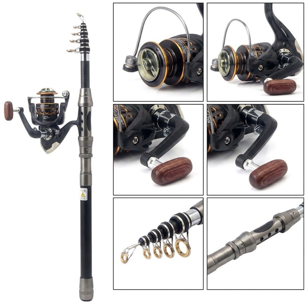 Set da pesca con canna in fibra di carbonio, mulinello (rapporto 5.2:1), valigetta e borsa per principianti in acqua dolce e salata (set da pesca da 2,1 m)