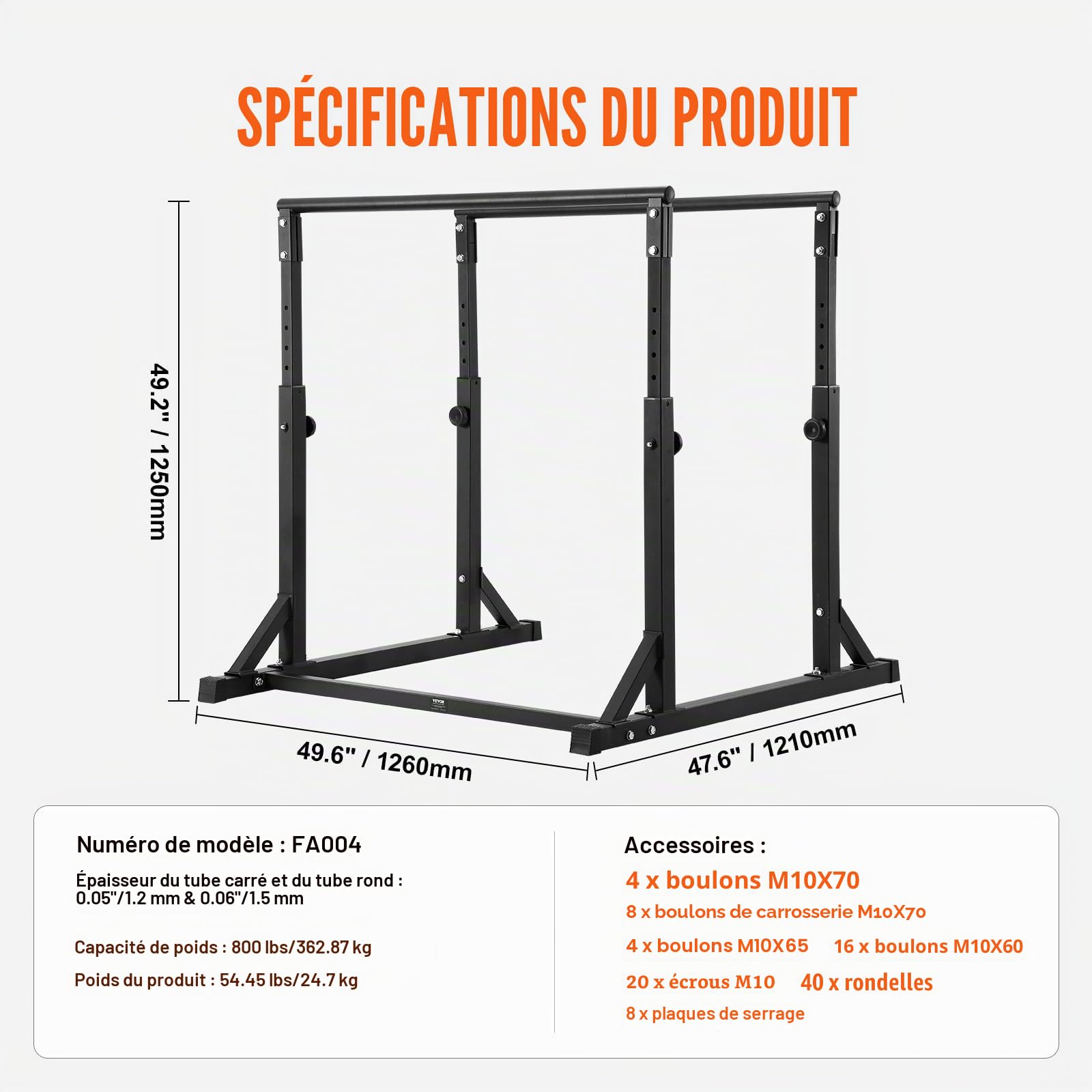 VEVOR Barre Dips, Capacité de 363 kg, Station de Dips Très Résistante avec Hauteur Réglable, Station de Barre d'Entraînement de Fitness, Barres Parallèles pour l'Entraînement de Force à la Maison