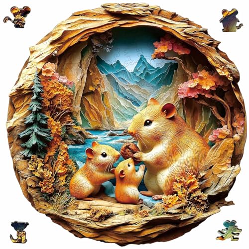 Wooden Puzzles for Adults and Kids, Autumn Wonderland Hamster Wooden Jigsaw Puzzles for Adults 200 Large Pieces, Unique Animal Shaped Wooden Puzzle Gift for Friend Family Game Home Decor 11 * 11 in
