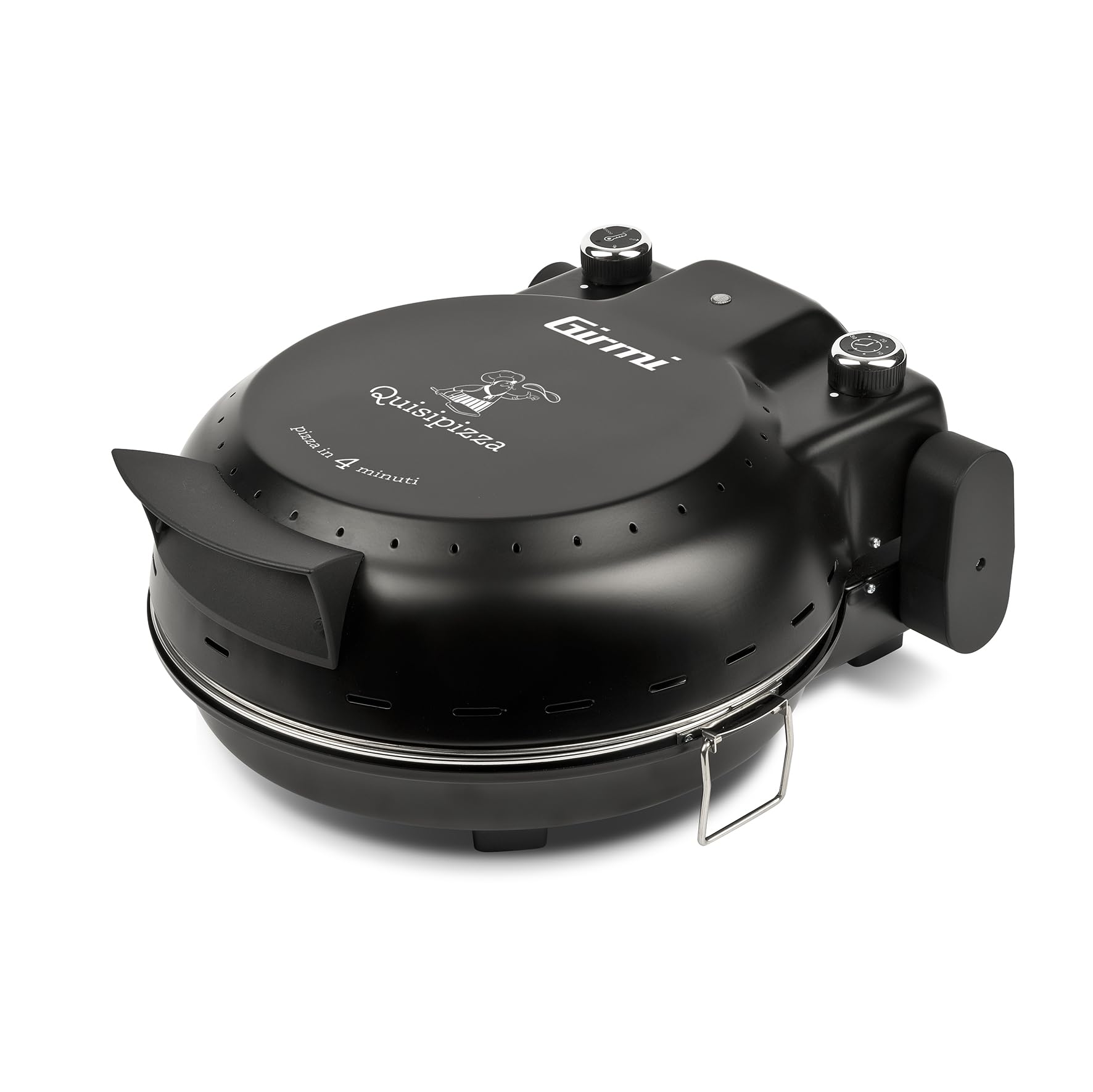 Girmi FP50 Horno para pizza Quisipizza, 1800 W, 420°C, Paredes frías, Piedra refractaria desmontable de 31 cm, Temporizador, Doble resistencia, Libro de cocina incluido, Negro
