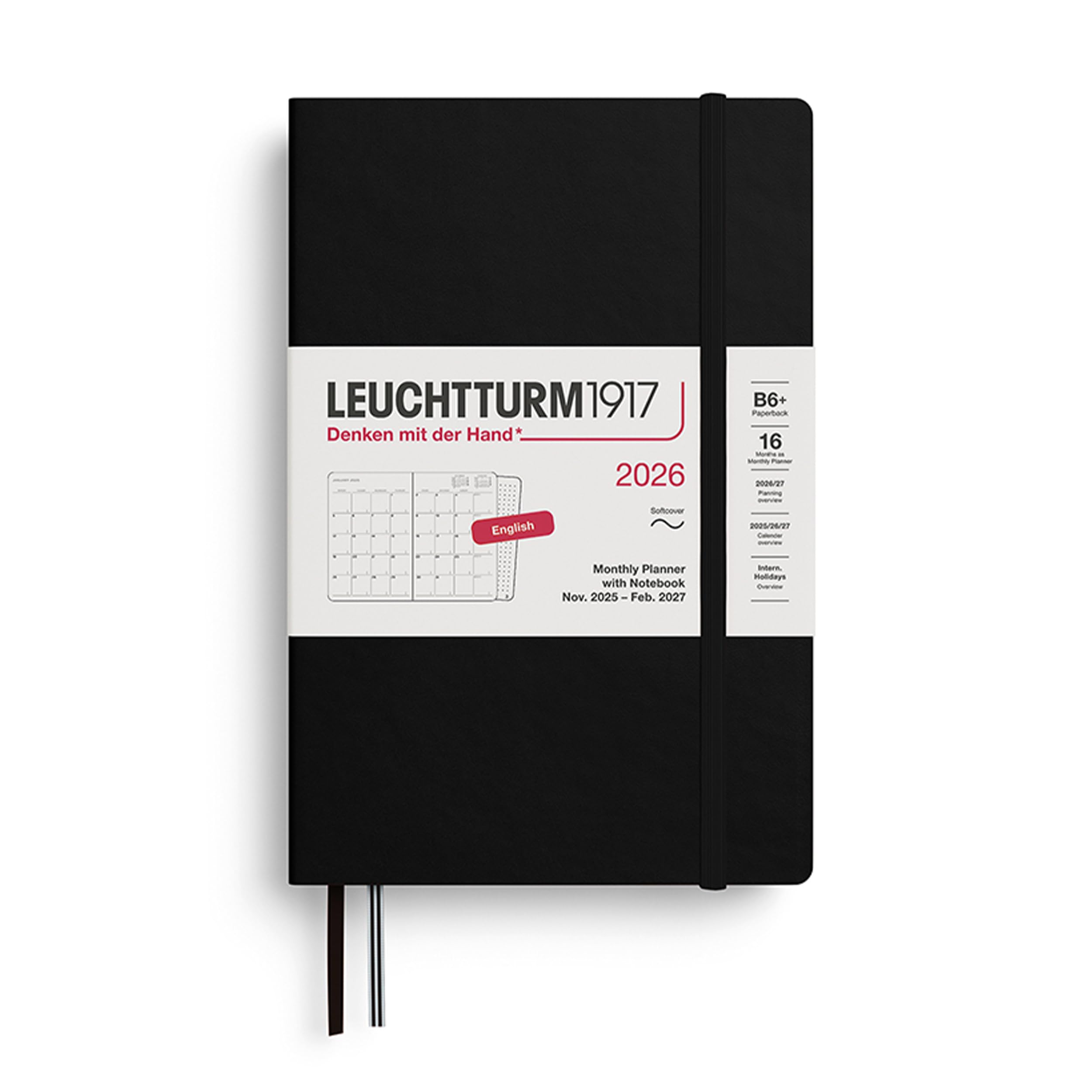 LEUCHTTURM1917 372790 Monthly Planner with Notebook Paperback (B6+) 2026, 16 Months, Softcover, Black, English โ image 1