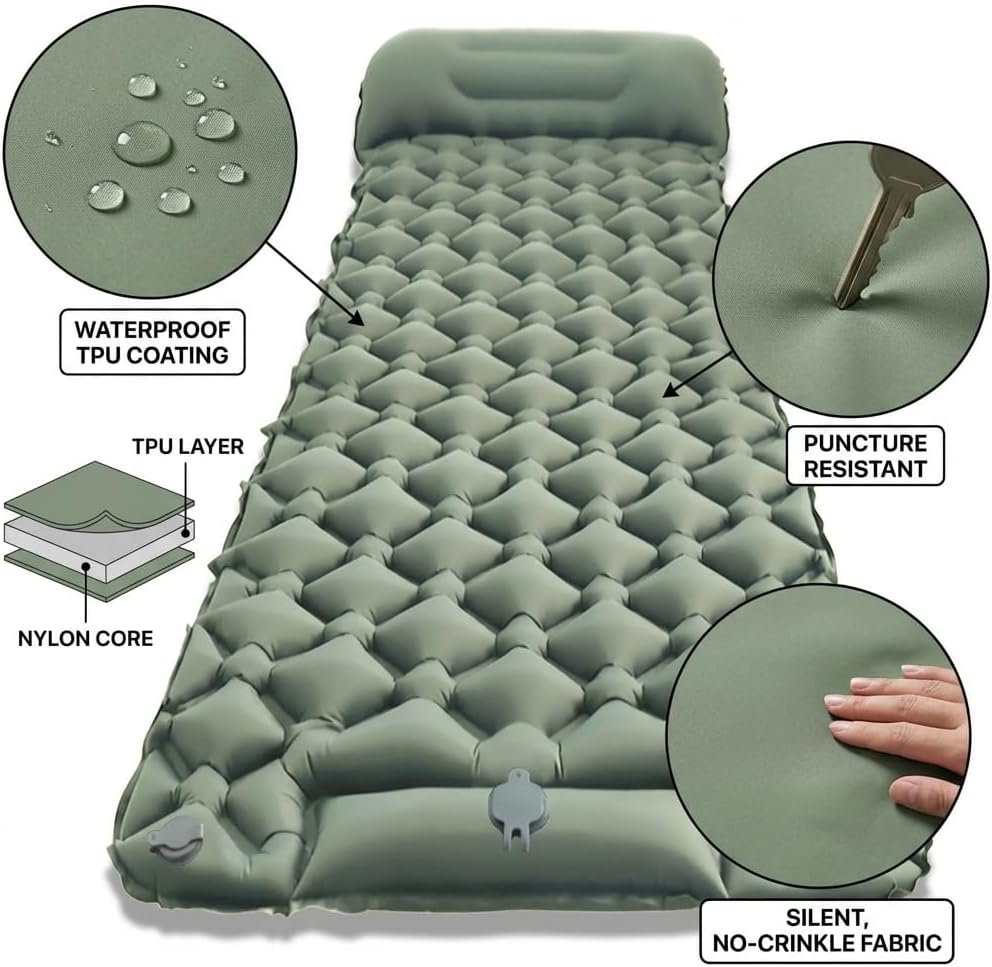 Lounge Mat - Your Portable Chill Zone, Foldable Inflatable Sleeping Pad Built-in Foot Press Pump No Extra Gear, Ultralight TPU Nylon Air Mattress with 17cm Integrated Pillow for Tent (Green, Single)