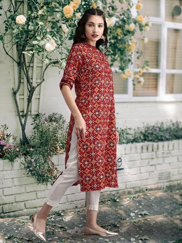 Image of Pinkmint Women Cotton Kurti ll Stright Printed Collared V Neck Kurta ll Stylish Regular Fit Kurti's (Pack of 01)