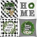 AOKDEER Magnolia Wreath Throw Pillow Covers Black and White Buffalo Check Plaid Welcome Home...