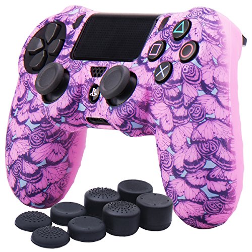 YoRHa Water Transfer Printing Butterfly Silicone Cover Skin Case for Sony PS4 slim Pro Dualshock 4 Controller x 1(Pink) with Pro Thumb Grips x 8
