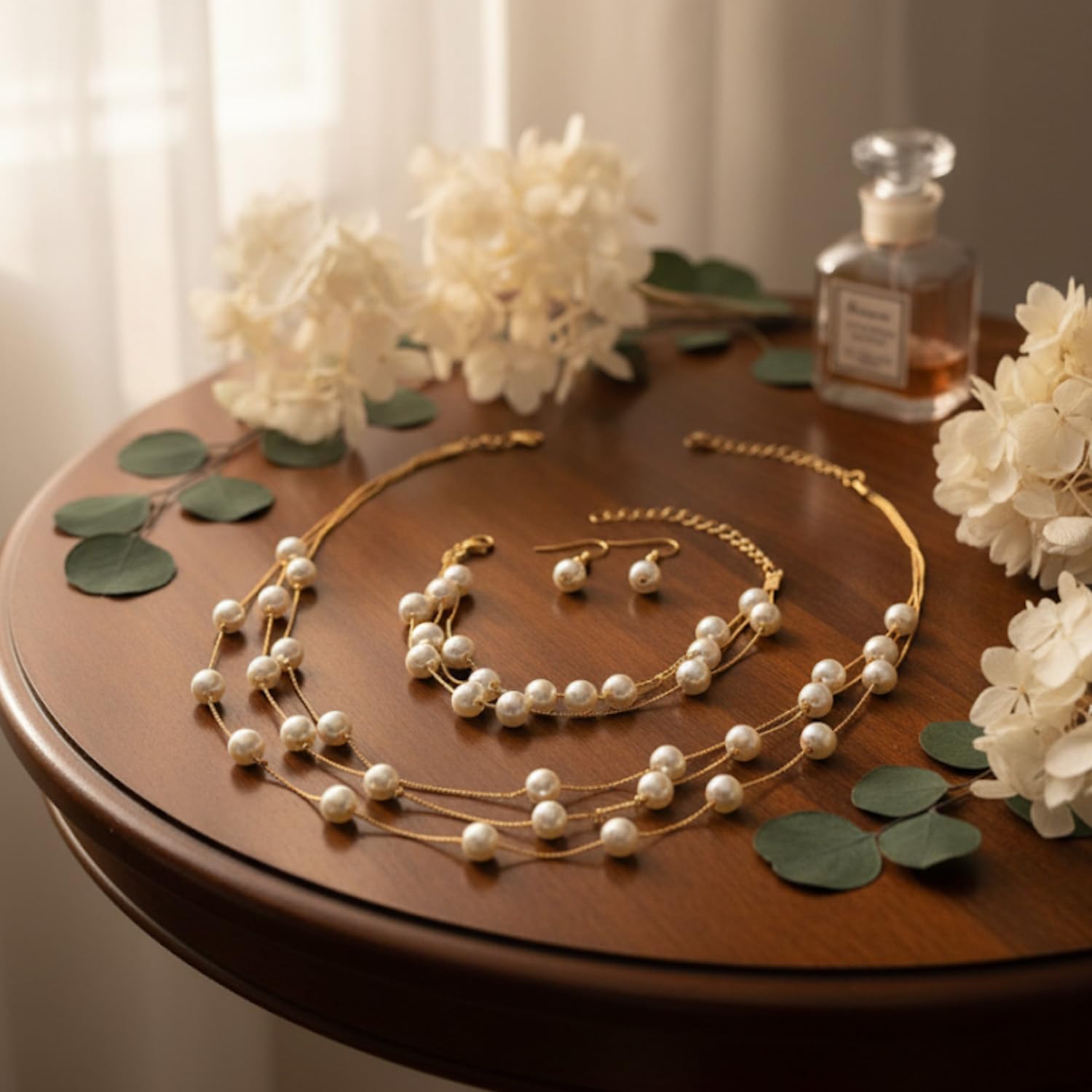 Young & Forever Elegant Pearl Jewelry Set with Multi-Layered Necklace, Bracelet and Drop Earrings, Gold-Toned 1