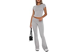 Lounge & Co. Women's Casual Outfits Soft Short Sleeve Crop Top Fold Over Flare Pants
