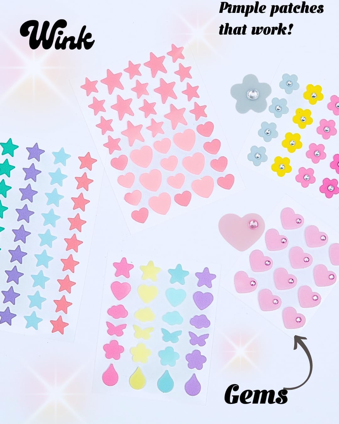 Wink Pimple Patches – 120 Pcs Hydrocolloid Acne Patches with Tea Tree & Centella – Premium Star & Gem Shapes for Teens – Gentle Healing for All Skin Types – Gift-Ready Tin Box & Holographic Pouch