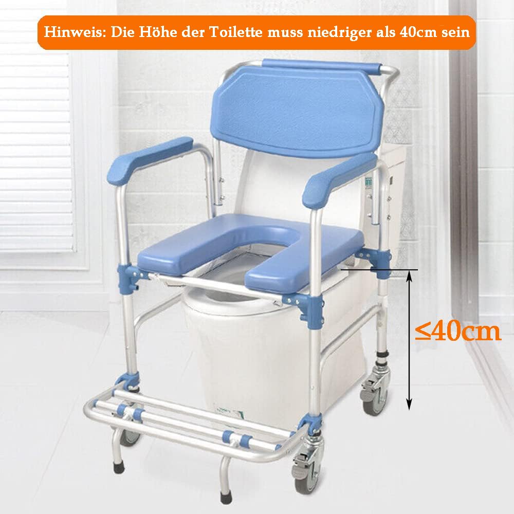 Sedia per WC mobile con braccioli e schienale, sedia da doccia con ruote per anziani e disabili, fino a 150 kg