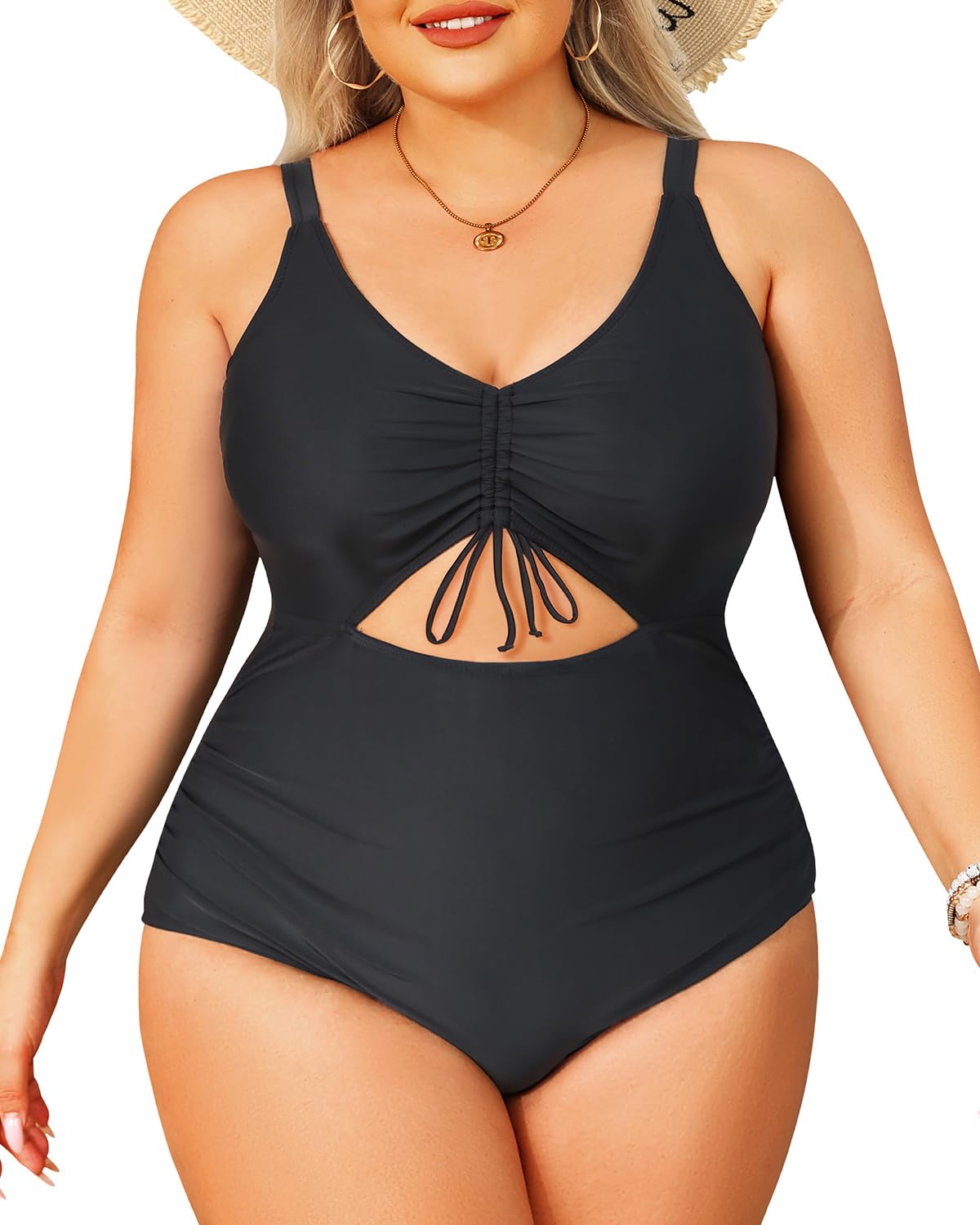 Women Plus Size Cutout One Piece Swimsuits Tummy Control Bathing Suits V Neck Monokini Swimwear, Black, X-Large
