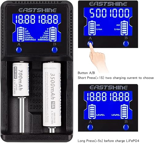 Miniatura 5 de EASTSHINE Cargador de batería inteligente universal 2 ranuras para baterías recargables 1.2V Ni-MH Ni-Cd AA AAA C 3.2V LiFePO4 3.7V Li-ion IMR 18650