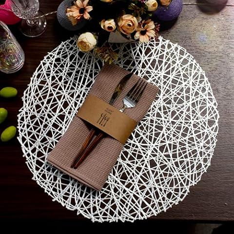 FunWheat Round Metallic Vinyl 15 inch Placemat Set of 6 Hollow Out Heat-Resistant Shining Table Mat Decorative Gift for Holiday Party Wedding (Nest Sliver) Cover