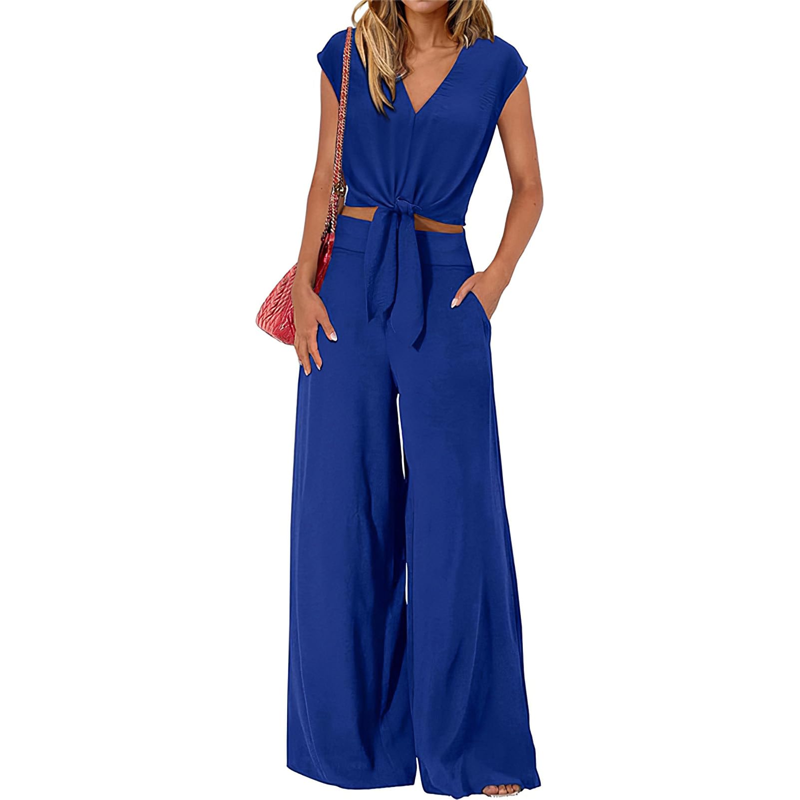 amropi Conjunto de Manga Corta Mujer V-Cuello Pajarita Verano Pantalones Anchos Casual Loungewear Azul, XL