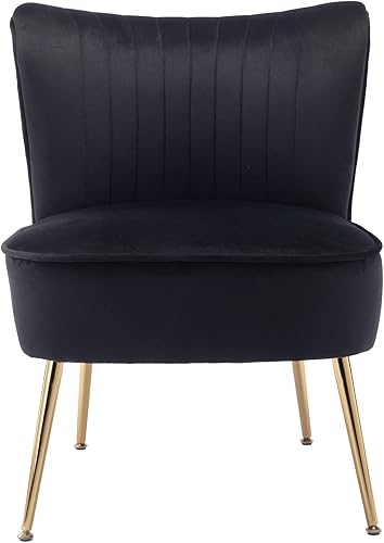 Miniatura 5 de Juego de 2 sillas decorativas de terciopelo tapizadas de línea vertical, sillas laterales copetudas con patas de metal dorado, diseño moderno, silla