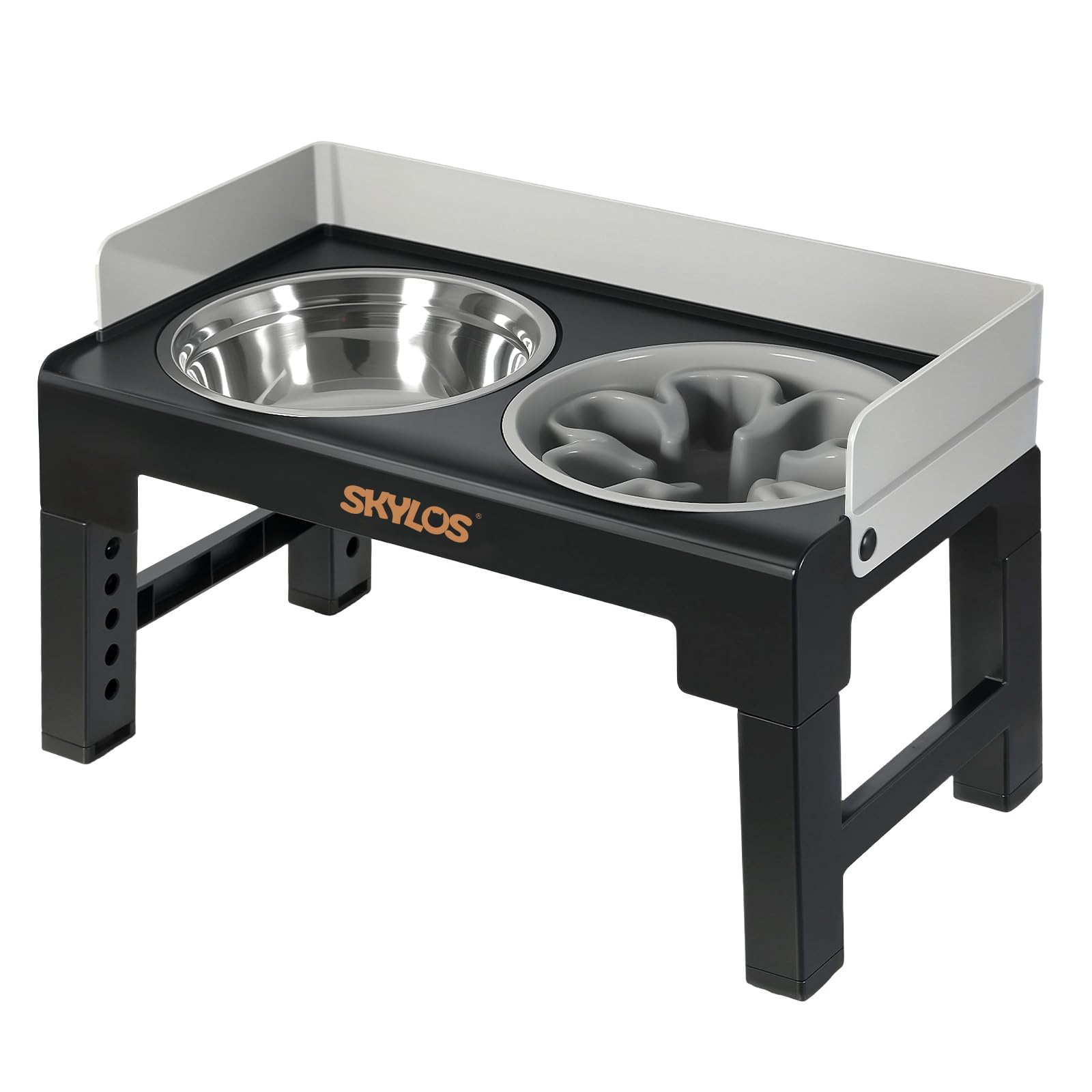 Skylos Raised Dog Bowls for Small Medium Large Dogs, 6 Height Adjustable Elevated Dog Bowl Stand with 2 Stainless Steel Bowls & Slow Feeder, 10° Tilt, Splash Guard, Foldable Dog Feeding Station