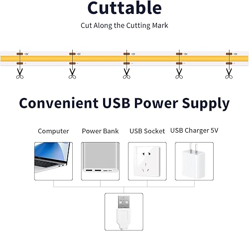 Miniatura 7 de COB - Tira de luz LED, 640 luces LED de cinta cortable, CRI93+ luces LED flexibles brillantes regulables para retroiluminación de TV, iluminación de