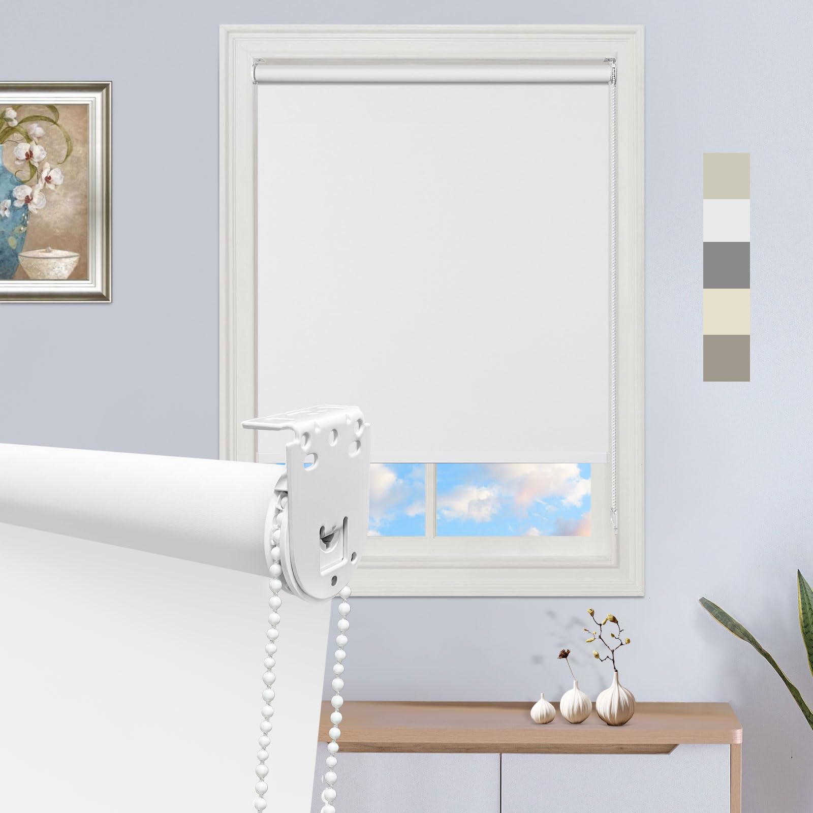 Moonice Roller Blinds Blackout Waterproof Window Blinds Thermal Privacy Roller Shades for Home Easy Fit UV Protection Shades for Bedroom Kitchen Office Door White, 125cm W x 120cm H