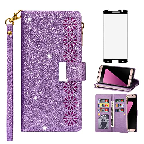 Coque Samsung S7 Edge violette portefeuille porte-carte avec verre trempé