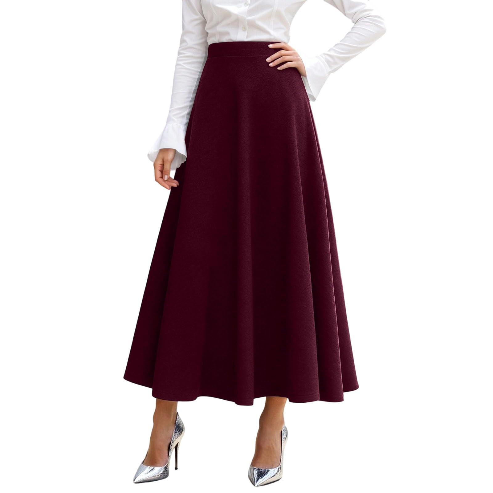 Falda midi plisada de talle alto tejido mixto acampanado oscilante cálido invierno estructurado elegante festivo falda larga con bolsillos