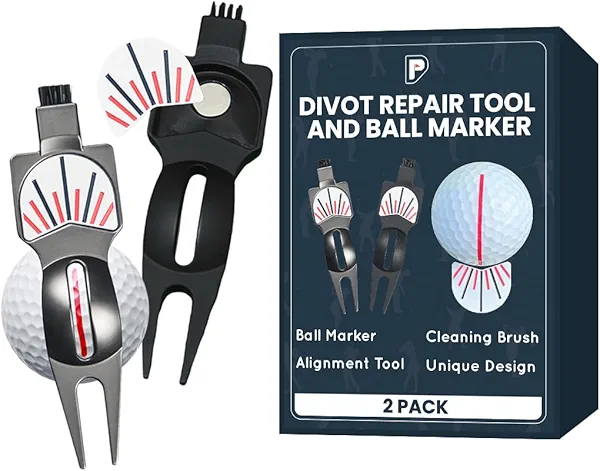 PUR3 Golf Divot Repair Tool and Ball Marker with Putting Aim and Built in Club Cleaning Brush (Single and 2 Pack) Strong Magnetic Prong | Ball Line Marker | Putting Aid | 4 in 1 Golf Divot Tool