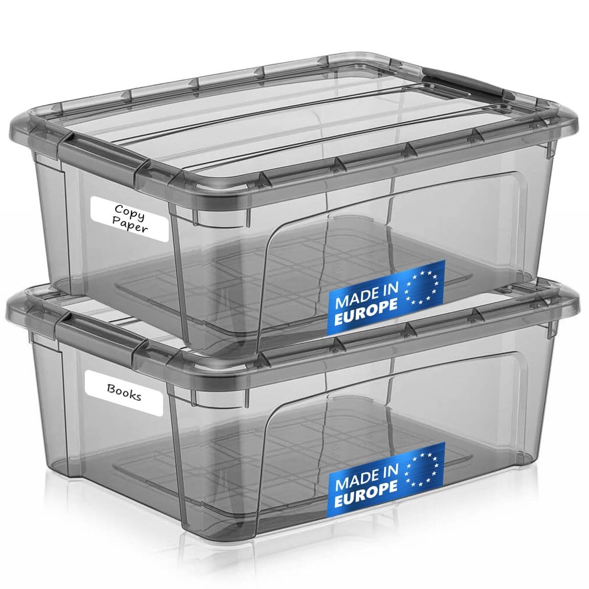 Tribello 12.5 Quart Storage Bins with Lids, Plastic Storage Containers with Latching Lids For Organizing - Tinted - (15.5’ x 12” x 6”) - Set of 2 - Made in EU