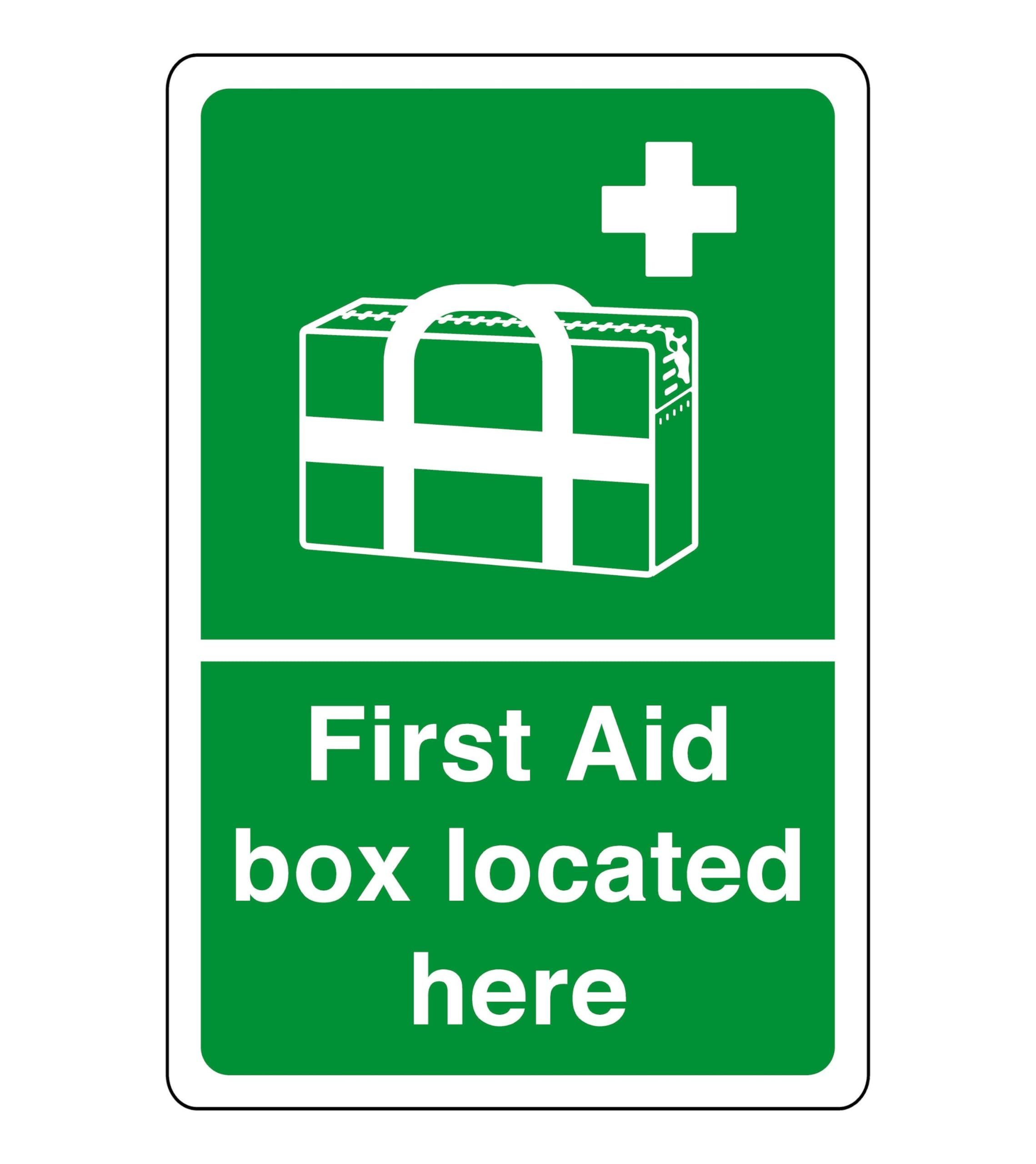Safety First Display Ltd Green/White First Aid Box Located Here - Safety Sign- 3Mm Aluminum Dibond For Indoor/Outdoor Usage (600Mm X 400Mm) 20M Viewing Distance.