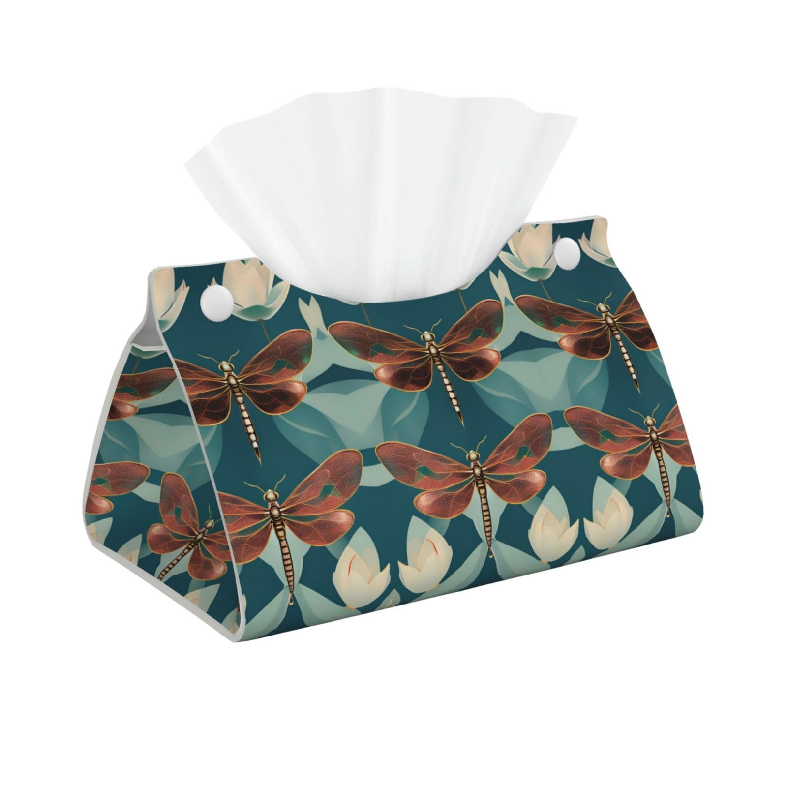 Dragonfly and Lotus Long Tissue Box Cover â€ Living Room, Office, Car â€ Crafted from Leather- â€ Foldable Home Decoration