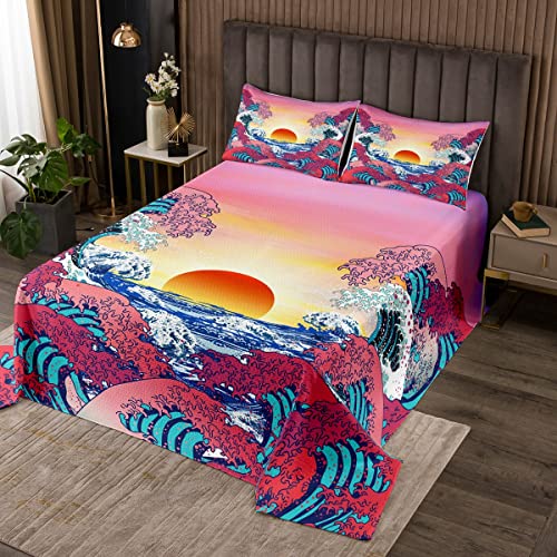 Castle Fairy Ocean Ukiyo 3 Piece King Bedspread,Japanese Style Retro Quilt Set for TeensRed Sunset Pink Sky Decorative Quilted Bedding Set with Pillow Sham