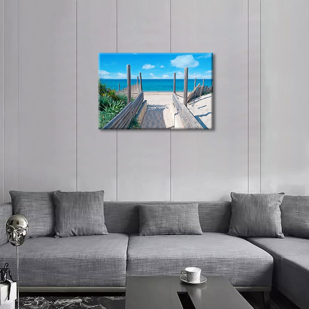TISHIRON Beach Pathway Canvas Wall Art Seascape Painting Seaside Fence Artwork Picture Print for Living Room Bedroom Home Office Wall Decor Modern Coastal Landscape Ready to Hang (12X8in) - Image 2