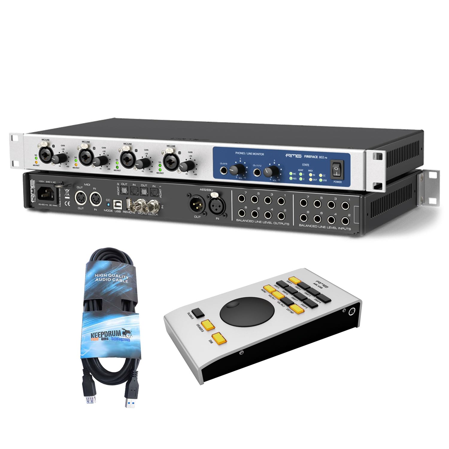 RME Fireface 802 FS interfejs audio z pilotem ARC-USB i przedłużaczem keepdrum