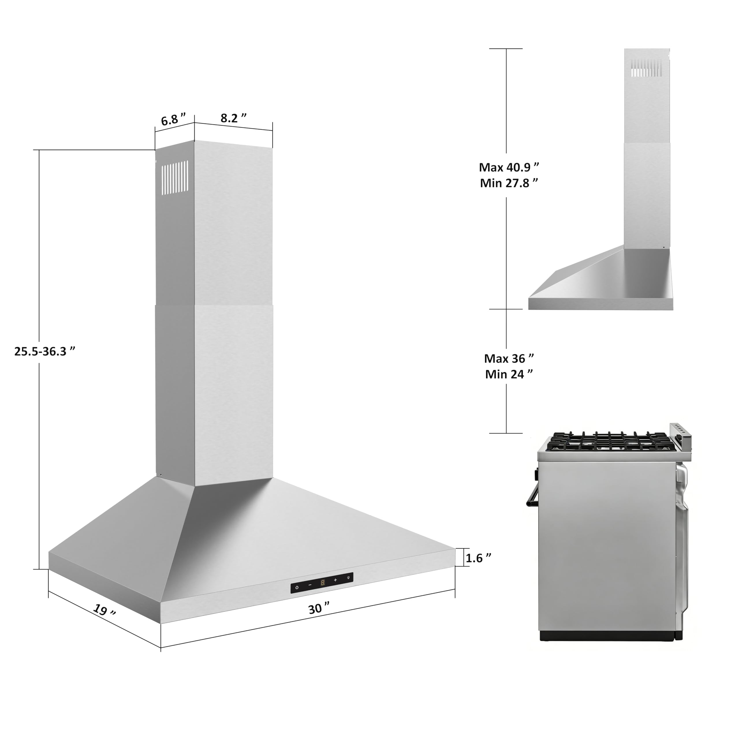 30 inch Wall Mount Range Hood, Touch Control LED Lights, 460 CFM Quiet Kitchen Stainless Steel Vent Hood with 3 Speed Exhaust Fan Ducted/Ductless Convertible, Dishwasher-Safe Baffle Filters - 3