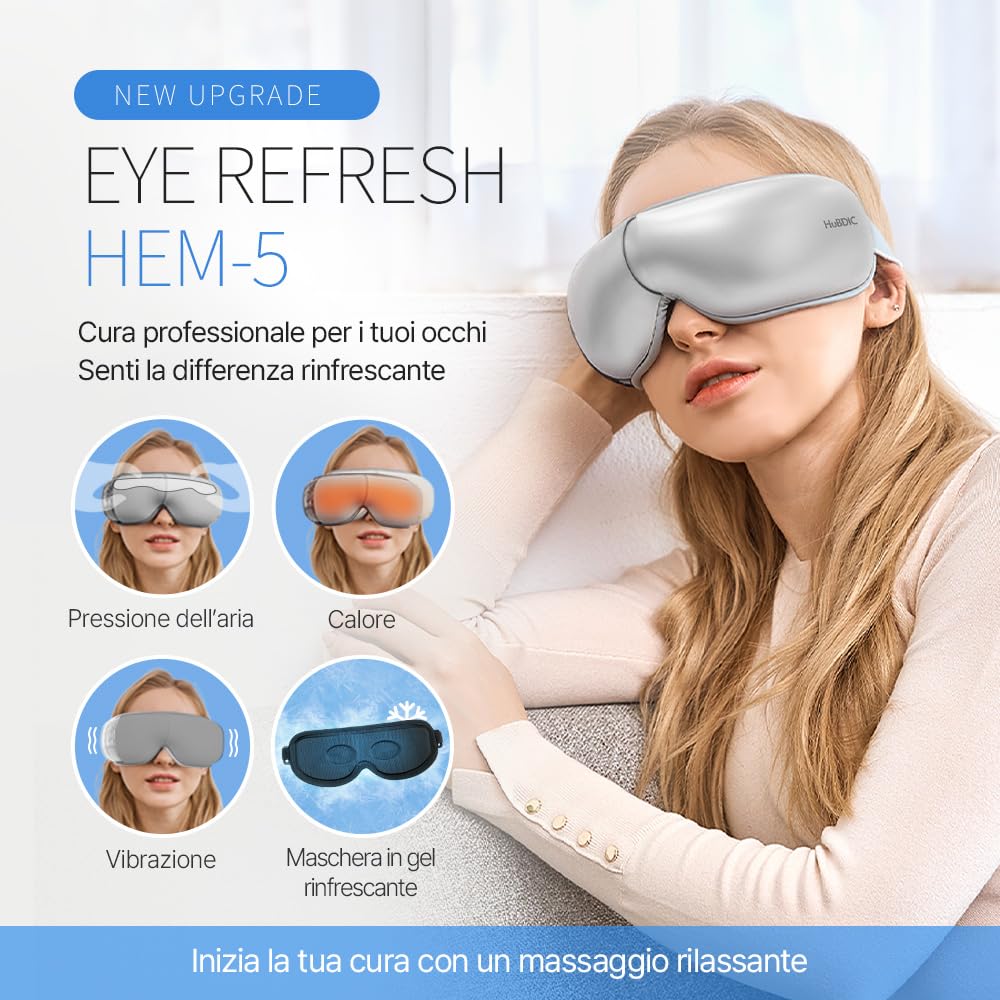 HubiCare - Massaggiatore per occhi Pro con calore e raffreddamento, vibrazione airbag 3D, musica Bluetooth, per occhi secchi, gonfiore, occhiaie, emicrania e sonno migliore, include cuscinetto in gel