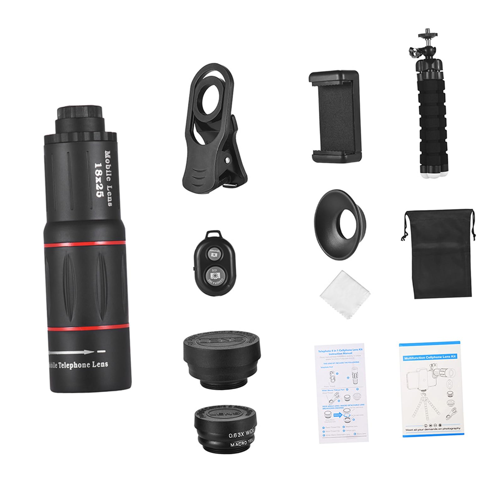 Dpofirs APL-T18XBZJ5 Teleobjetivo 4 en 1 Lente para Teléfono Móvil Kit Universal Teleobjetivo para Teléfono Móvil 18X Lente Ojo de de 198° Gran Angular 0,63X Macro 15X para Conciertos Observación