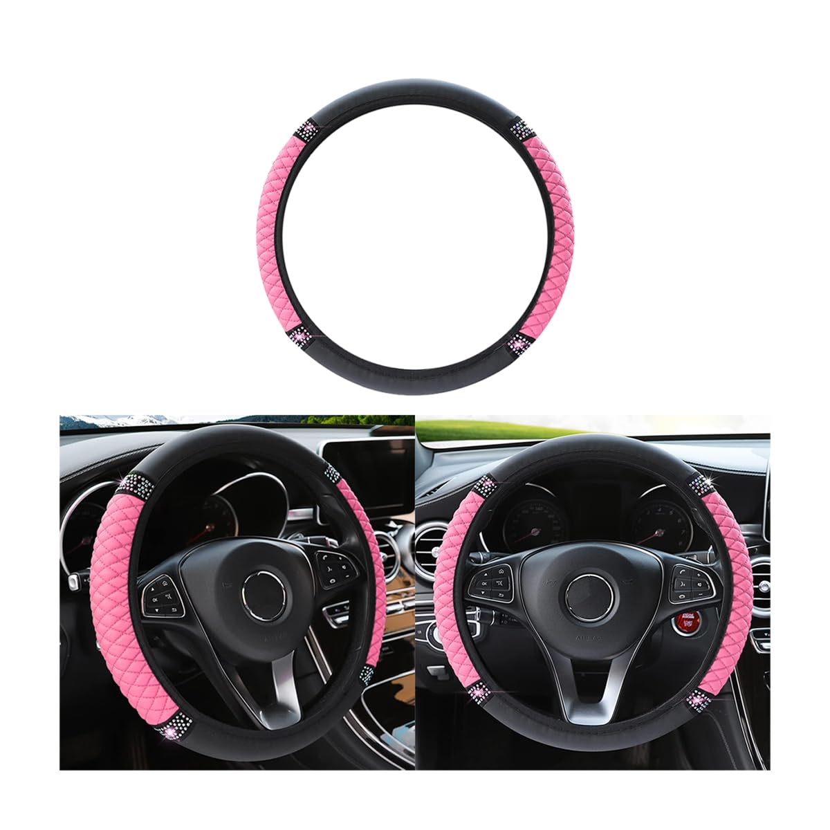 Bling Steering Wheel Cover, Universal 15 Inch Soft PU Leather with Colorful Rhinestones, Crystal Diamond Elastic Steering Wheel Protector, Sparkly Auto Accessories for Women Girl (Pink)