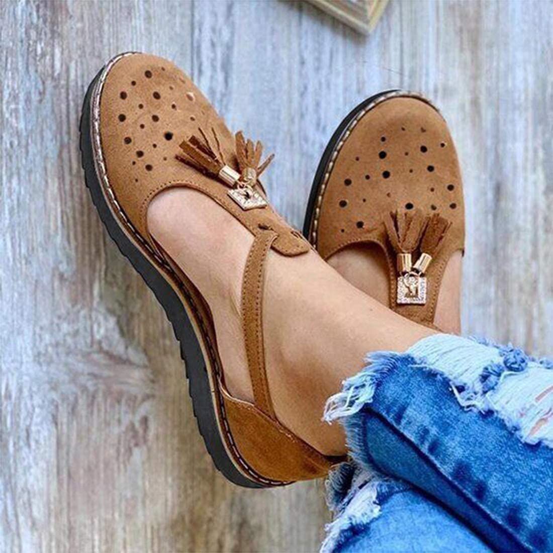 RXZCHH Sandalias de Plataforma Plana para Mujer, con Correa en el Tobillo, tacón Vintage, Alpargatas de Playa, Sandalias de Plataforma con borlas y Puntera Cerrada, cómodas Zapatillas Planas, Zapatos