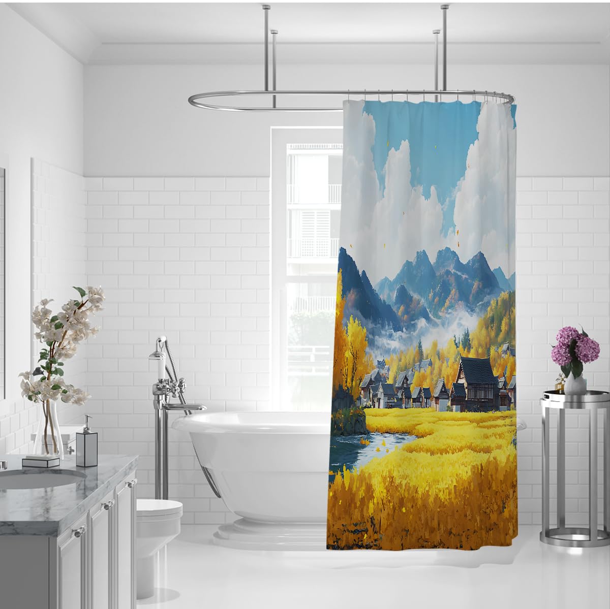 Herbst goldenes Weizenfeld Dorfhaus Duschvorhang W120xL200 cm