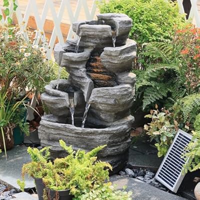 6-Tier Solar Water Fountain Outdoor, 24.4" H Cascading Rock Feature Garden Fountains and Waterfalls with Light, Pump, Solar Panel for The Patio, Deck, Porch, Backyard Home Décor, Stone Gray