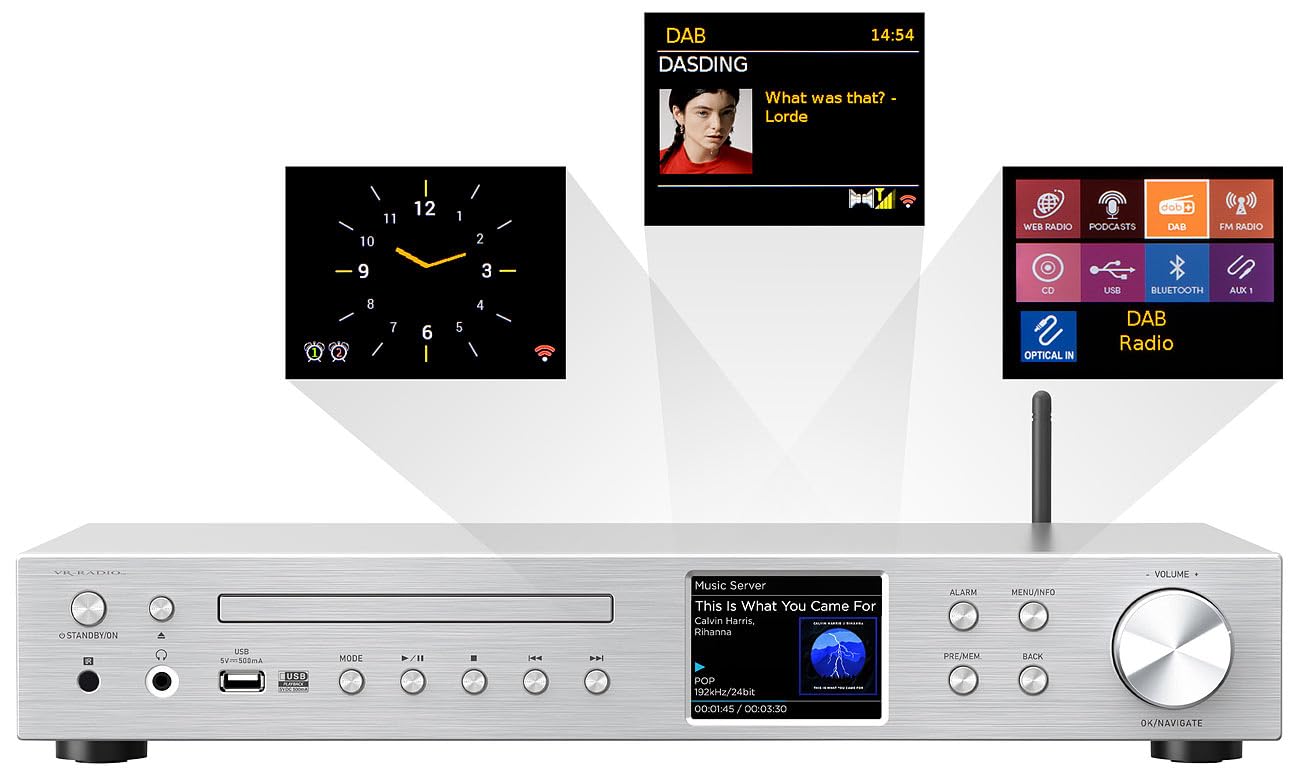 VR-Radio Tuner radio Internet : récepteur radio Internet Wi-Fi, DAB+/FM, CD, Bluetooth, 200 W, argent (récepteur stéréo DAB+, tuner Hi-Fi DAB+)
