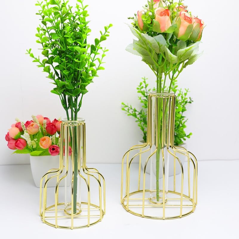 Amosfun Metal Flower Stand Gold Frame Test Tube Glass Vase Adornment Hydroponic Plant Vase Rack Glass Vases for Plants Home Office Bedroom Decor 3.93 X 3.93 X 5.90 in image 2