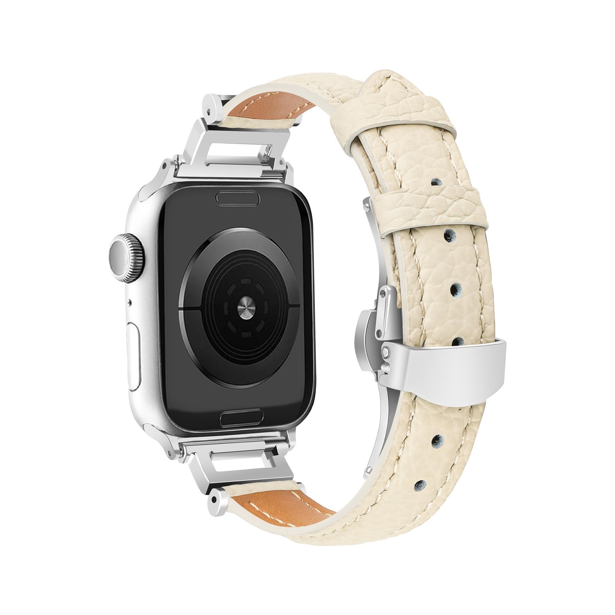 Bracelet en cuir de luxe compatible avec Apple Watch pour femme 44 mm, 45 mm, bracelet fin classique avec boucle papillon en métal pour iWatch Series 9 8 SE 7 6 5 4 3 2 1 blanc cassé
