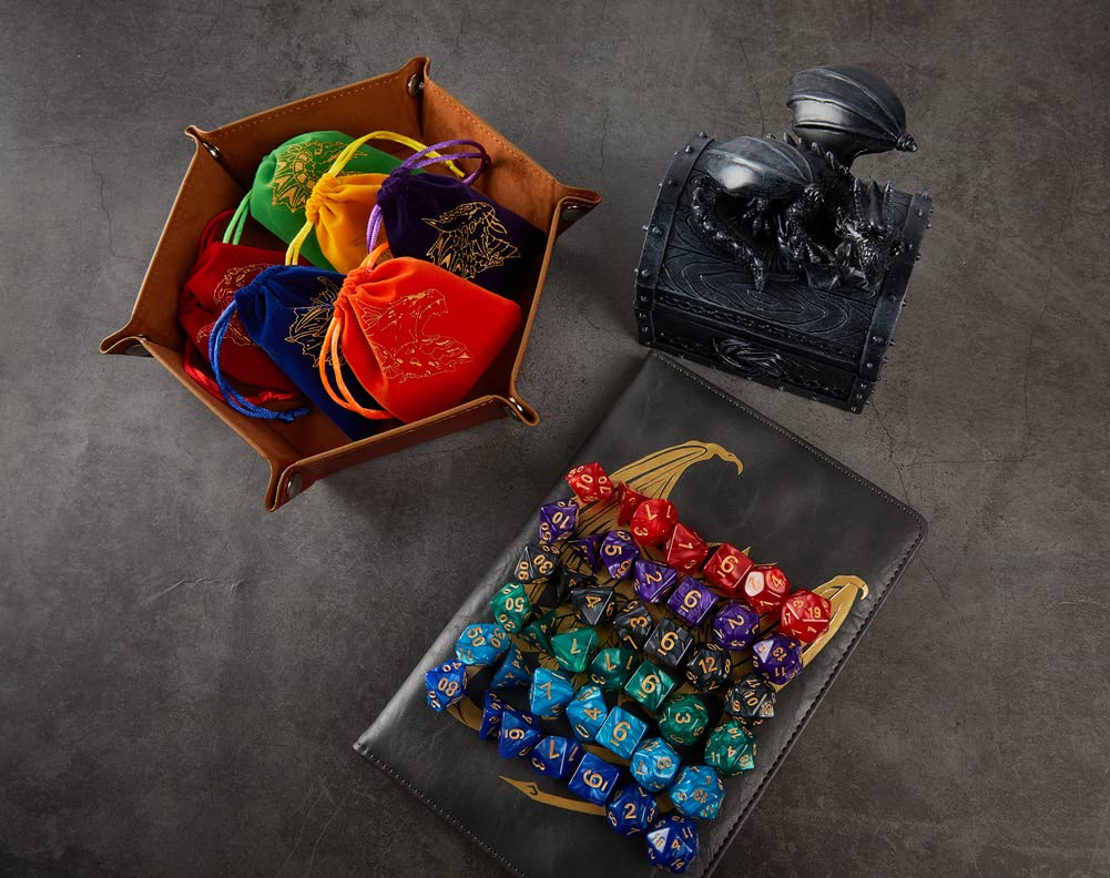 DND - Set di 42 dadi poliedrici per giochi di ruolo e giochi di ruolo da tavolo MTG, con sacchetti colorati con coulisse e vassoio per dadi (singoli)