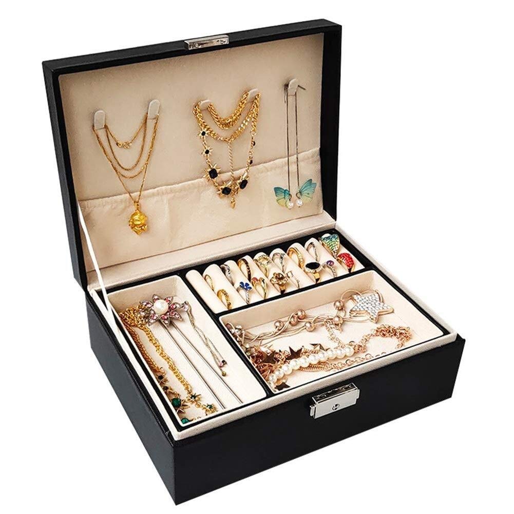 Jewellery Boxes PU Leather Portable Jewelry Chest Box Velvet Display with Safety Lock Jewelry Organiser Black Jewelry Box