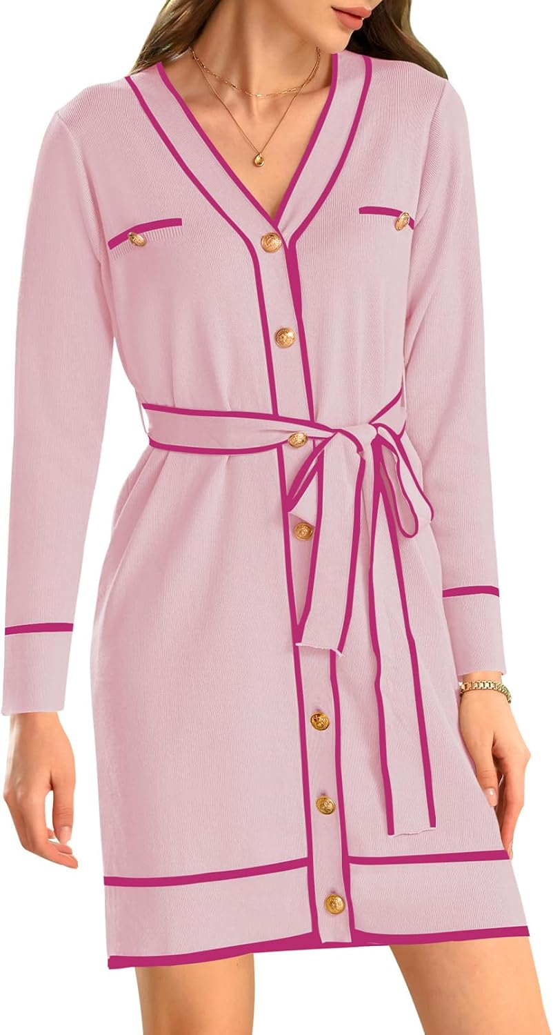 Pink Queen Women's Long Sleeve Button Down Sweater Dress Elegant V Neck Open Front Color Block Knit Cardiagns with Belt - Image 4